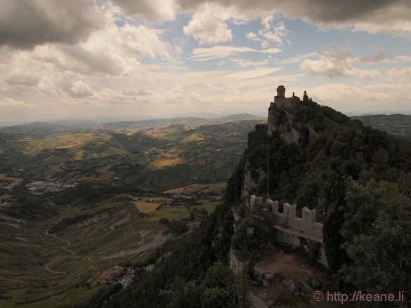 Panoramic view of Guaita Castle from top of San Marino