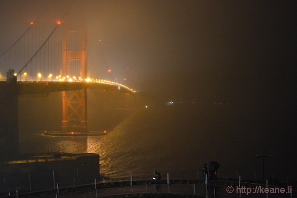 Golden Gate Bridge at night in the rain