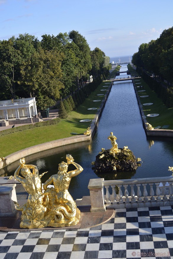 Golden Statues and Fountains in Front of Peterhof Palace