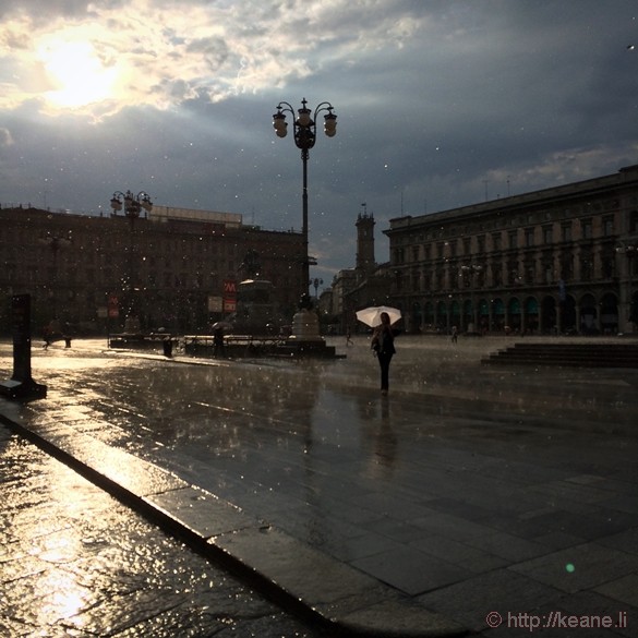 Girl with Umbrella in the Rain in Milan's Piazza del Duomo