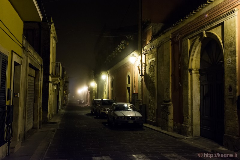 Palazzolo Acreide in the Night Fog