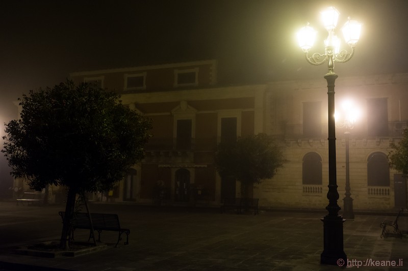 Palazzolo Acreide in the Night Fog